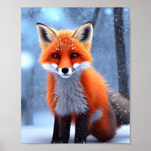 Cute Baby Red Fox in de sneeuw Poster