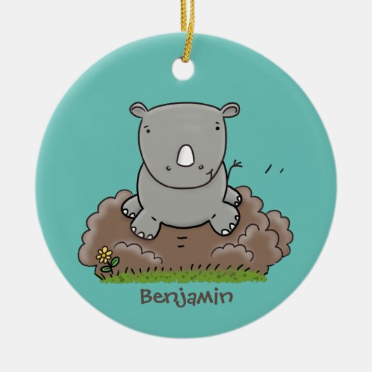Cute baby rhino cartoon illustratie keramisch ornament (Voorkant)