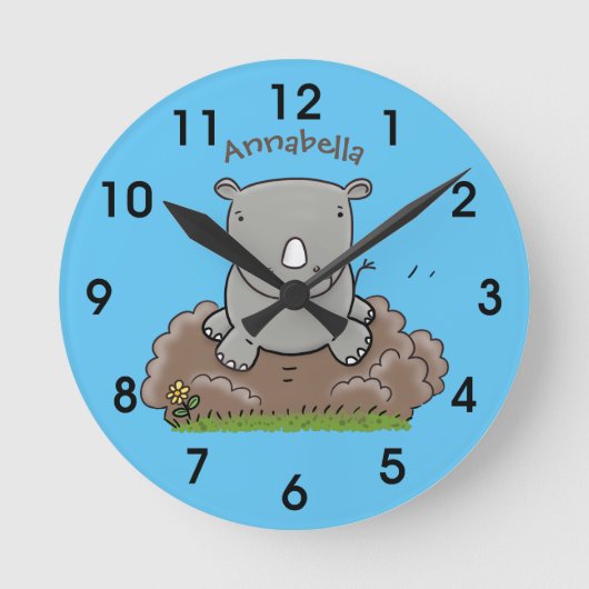 Cute baby rhino cartoon illustratie ronde klok (Voorkant)