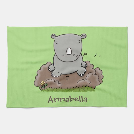 Cute baby rhino cartoon illustratie theedoek (Horizontaal)