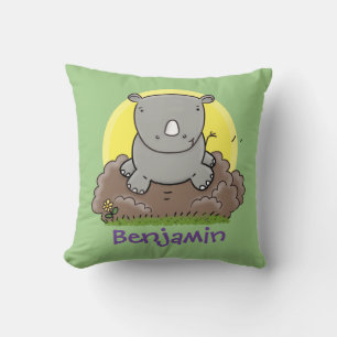 Cute baby rhino met groene cartoon illustratie kussen