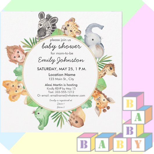 Cute Baby Safari Animals Square Baby shower Kaart