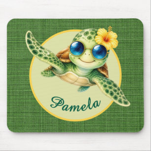 Cute Baby Schildpad met Blauwe Zonnebril en Hibisc Muismat