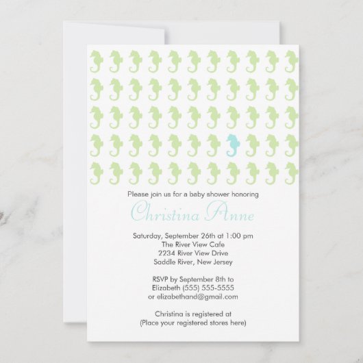 Cute Baby Seahorse Boy Baby Shower Invitations Kaart (Voorkant)