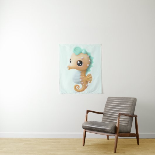 Cute baby seahorse in Blauwgroen en wit Wandkleed (In situ)
