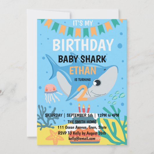 Cute Baby Shark Birthday Party Invitation Kaart (Voorkant)