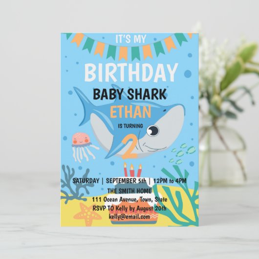 Cute Baby Shark Birthday Party Invitation Kaart (Staand voorkant)