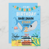 Cute Baby Shark Birthday Party Invitation Kaart (Voorkant / Achterkant)