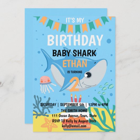 Cute Baby Shark Birthday Party Invitation Kaart (Voorkant / Achterkant)