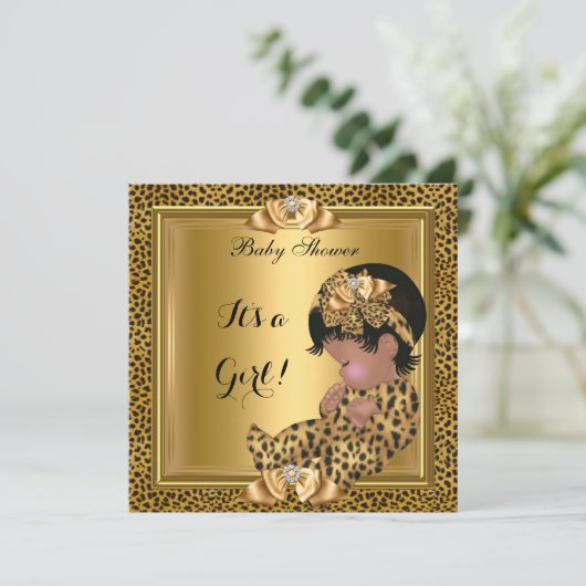 Cute Baby shower Baby Girl Leopard Gold Kaart (Staand voorkant)