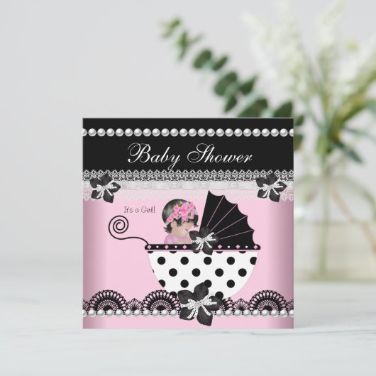 Cute Baby shower Baby Girl Pink Black Pearl Kaart (Staand voorkant)