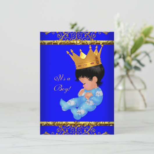 Cute Baby shower Blue Gold Boy Prince Crown 4 Kaart (Staand voorkant)