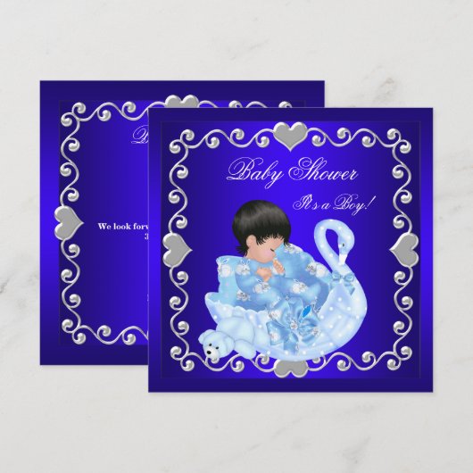 Cute Baby shower Boy Baby royal Blue Swan Kaart (Voorkant / Achterkant)