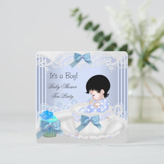 Cute Baby shower Boy Blue Baby Teacup Kaart (Staand voorkant)