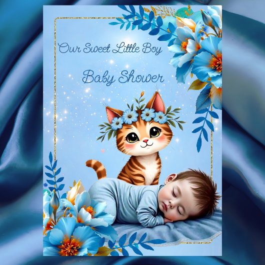 Cute Baby Shower Boy Blue Little Cat Kitten Kaart