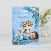 Cute Baby Shower Boy Blue Little Cat Kitten Kaart (Staand voorkant)