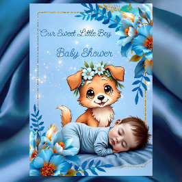 Cute Baby Shower Boy Blue Little Puppy Dog Kaart