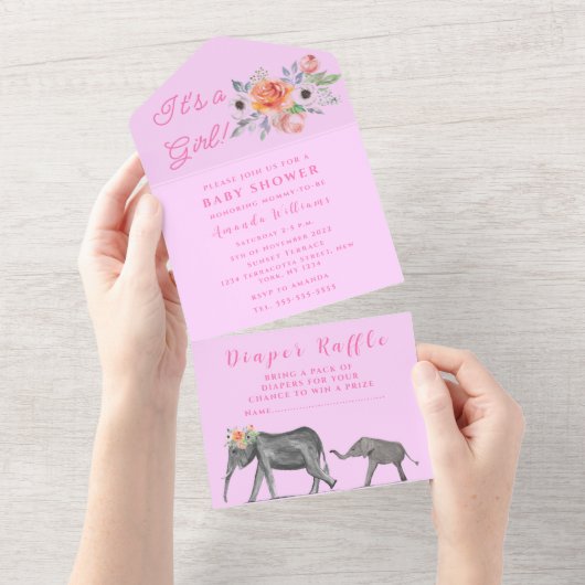 Cute Baby shower Elephant Het is een meisje Floral All In One Uitnodiging (Afscheurbaar)