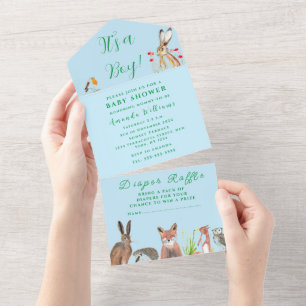 Cute Baby shower Fox Hare Het is een jongen Floral All In One Uitnodiging