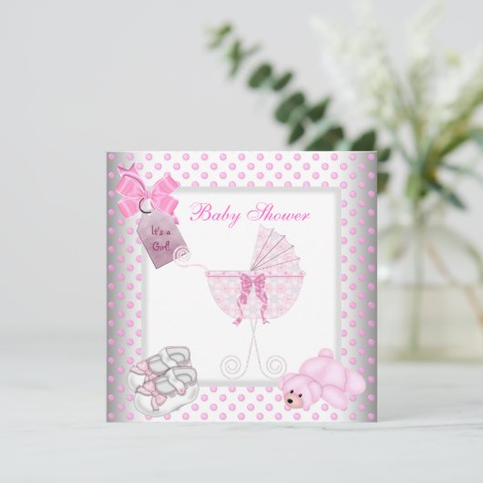 Cute Baby shower Girl Baby Pink Carriage Pram Kaart (Staand voorkant)