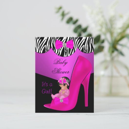 Cute Baby shower Girl Hot Pink Baby Schoefzwart Kaart (Staand voorkant)