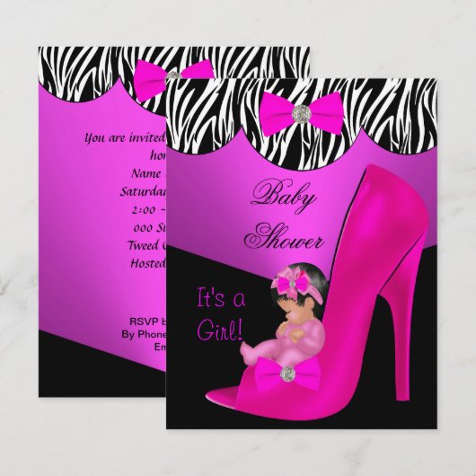 Cute Baby shower Girl Hot Pink Baby Schoefzwart Kaart (Voorkant / Achterkant)