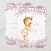 Cute Baby shower Girl Pink Pearls Lace Blonde Kaart (Voorkant / Achterkant)