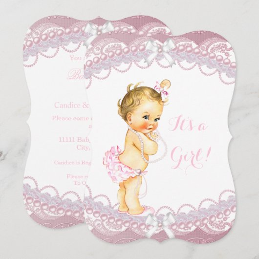 Cute Baby shower Girl Pink Pearls Lace Blonde Kaart (Voorkant / Achterkant)