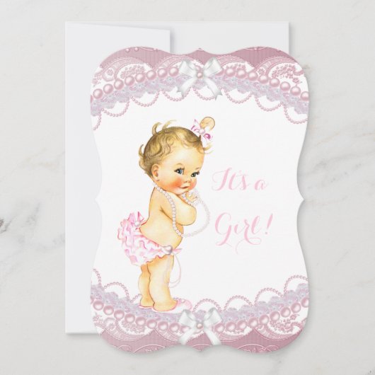 Cute Baby shower Girl Pink Pearls Lace Blonde Kaart (Voorkant)