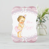 Cute Baby shower Girl Pink Pearls Lace Blonde Kaart (Staand voorkant)