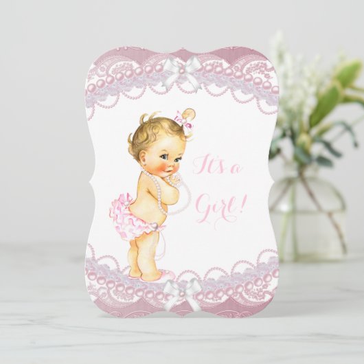 Cute Baby shower Girl Pink Pearls Lace Blonde Kaart (Staand voorkant)