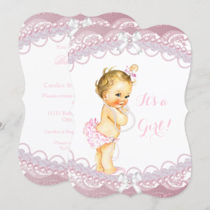 Cute Baby shower Girl Pink Pearls Lace Blonde Kaart