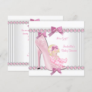 Cute Baby shower Girl Pink Polka Dots High Hiel C3 Kaart
