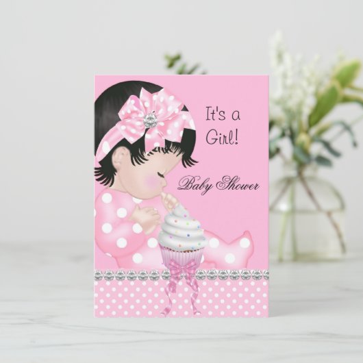Cute Baby shower Girl Pink Spots Cupcake Kaart (Staand voorkant)