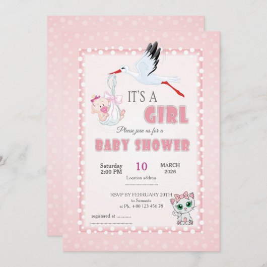 Cute Baby Shower Invitation - it is a girl! Kaart (Voorkant / Achterkant)