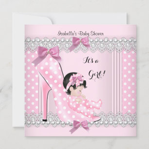 Cute Baby Shower Meisje Roze Stippen Hoge Hak 2 Kaart