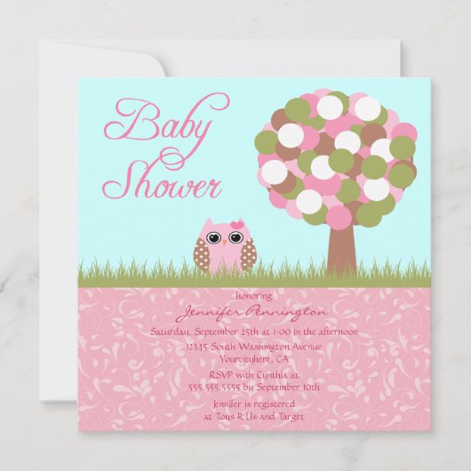 Cute baby shower roze owl tree party call kaart (Voorkant)