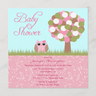 Cute baby shower roze owl tree party call kaart