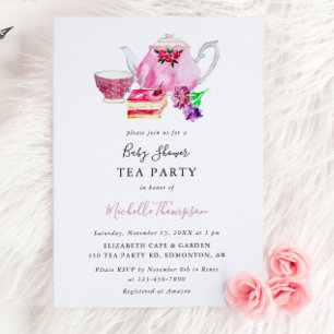 Cute Baby shower Tea Party roze Teapot Script Kaart