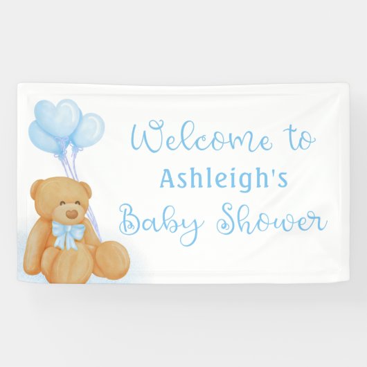 Cute Baby shower Teddy Bear Blue Heart Balloons Spandoek (Horizontaal)