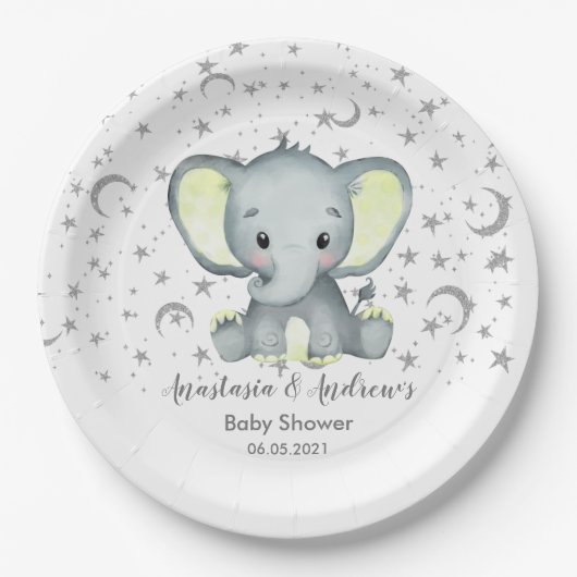 Cute Baby shower Yellow Elephant Papieren Bordje (Voorkant)