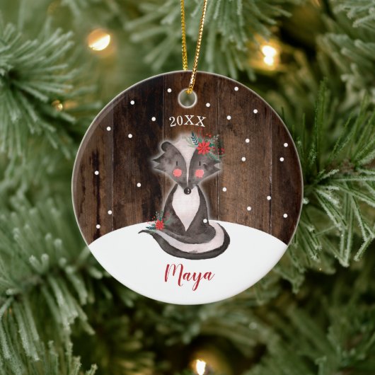 Cute Baby Skunk Personalized Newborn Girl First Keramisch Ornament (Boom)