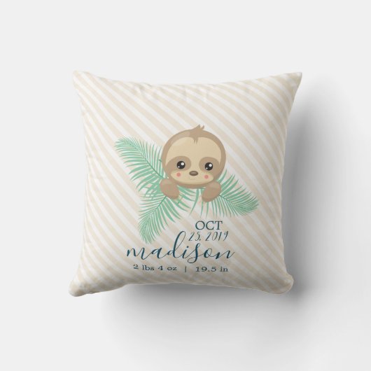 Cute Baby Sloth Baby Birth Stats Sierkussen (Achterkant)