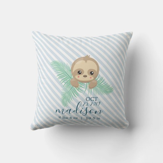 Cute Baby Sloth Baby Birth Stats Sierkussen (Achterkant)