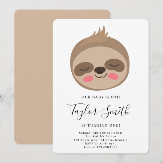 Cute Baby Sloth Birthday Party Invitation Kaart (Voorkant / Achterkant)
