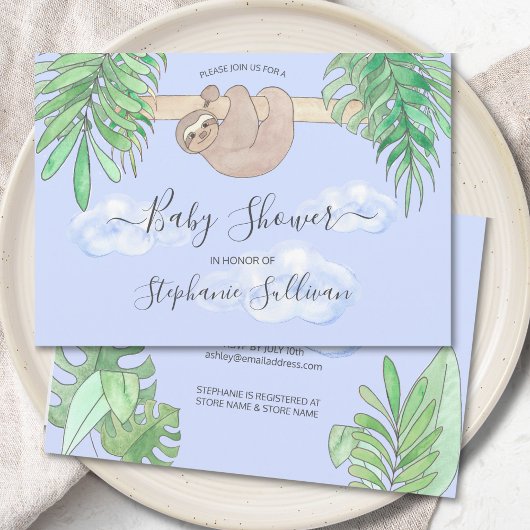Cute Baby Sloth Blue Baby shower Kaart