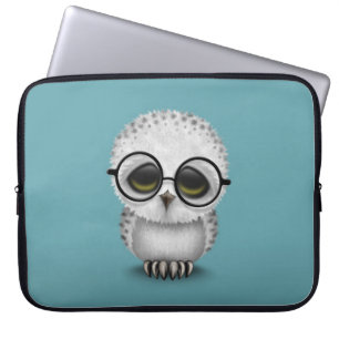 Cute Baby Snowy Owl Wearing Glasses on Blue Laptop Sleeve