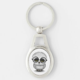 Cute Baby Snowy Owl Wearing Glasses on White Sleutelhanger