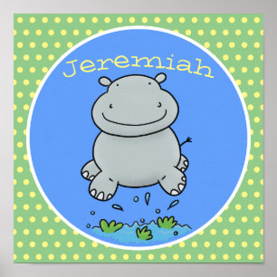 Cute baby springend hippo cartoon illustratie poster