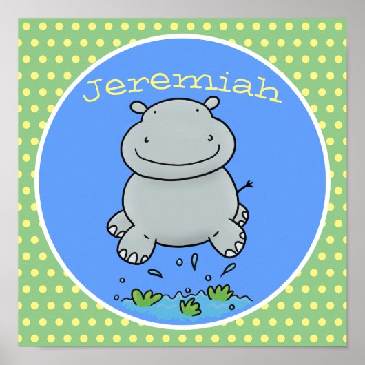 Cute baby springend hippo cartoon illustratie poster (Voorkant)